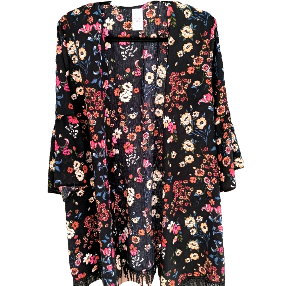Time and True Black Floral Kimono with Tassels OS